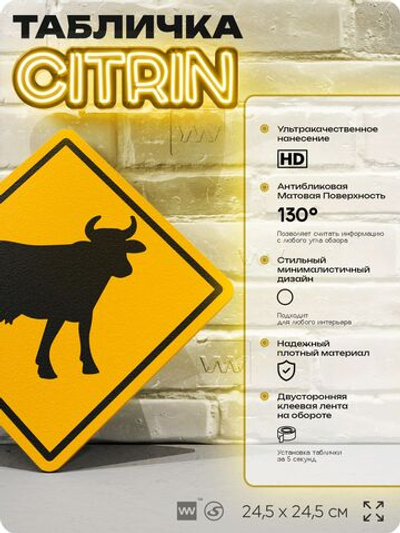 Табличка прикольная "Осторожно, коровы" на дверь и стену, информационная и предупреждающая, декоративный знак, 24,5х24,5 см, пластиковая, Айдентика Технолоджи