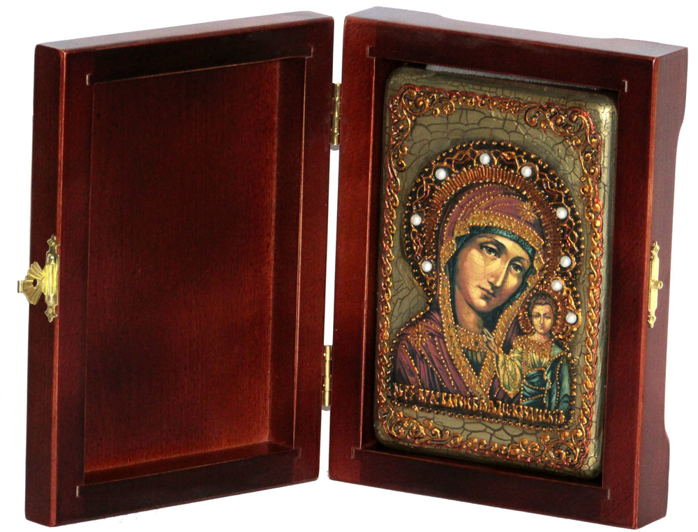 Инкрустированная Икона Божией Матери Казанской 15х10см на натуральном дереве, в подарочной коробке