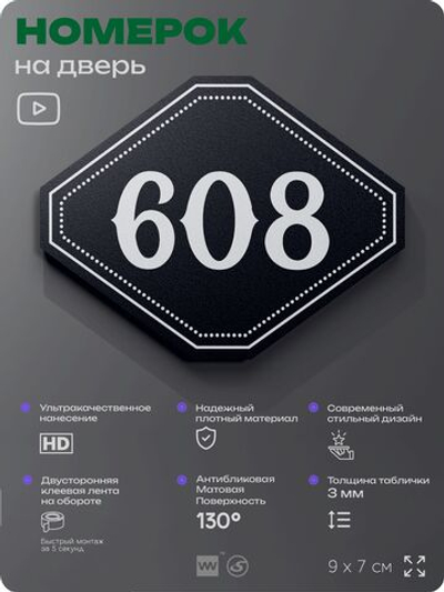Номерок на дверь квартиры 608, для кабинета, офиса, шильдик 9 х 7 см, черный, Айдентика Технолоджи