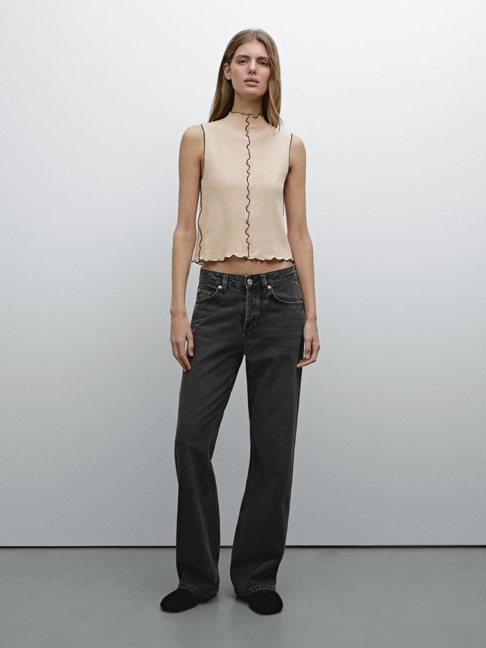 Massimo Dutti Топ с воротником и окантовкой, дымчатый