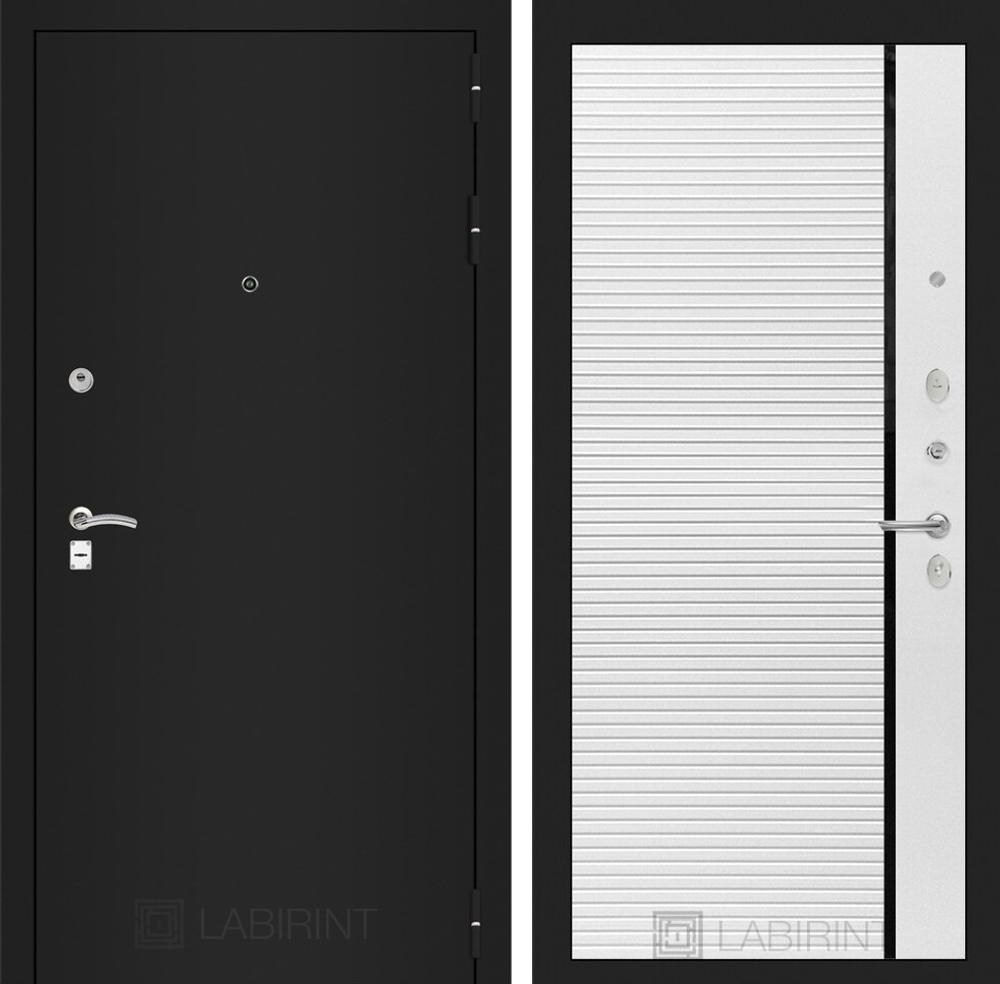 Входная металлическая дверь Лабиринт Classic (Классик) шагрень черная 22 Белый Софт, молдинг черный
