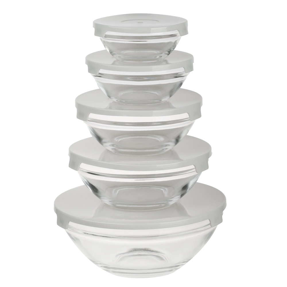MILLIMI Набор салатников с крышкой 5 шт: 900/ 500/350/200/130 мл, стекло, пластик, серый