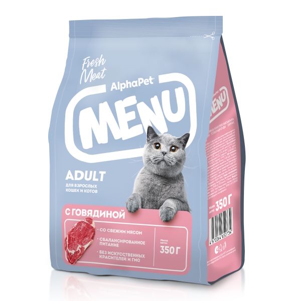Сухой корм AlphaPet Menu для взрослых кошек и котов с говядиной