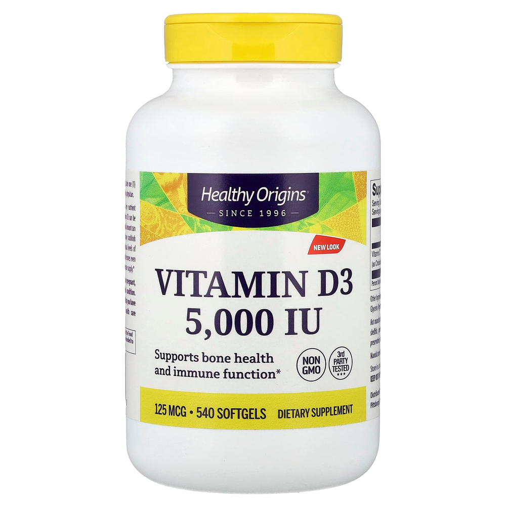 Healthy Origins, витамин D3, 125 мкг (5000 МЕ), 540 капсул