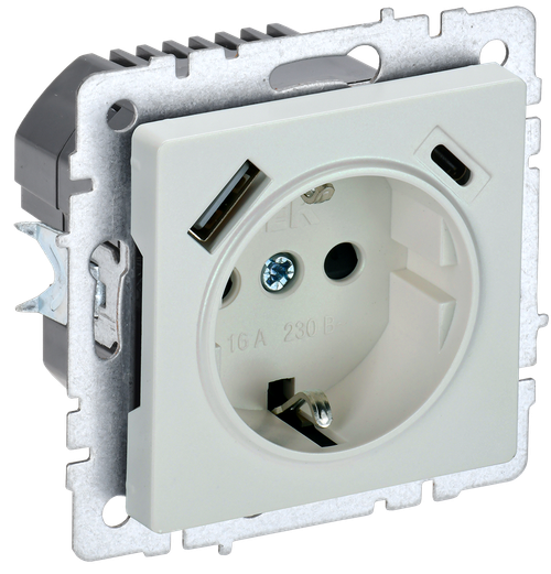 BRITE Розетка 1-местная с заземлением с защитными шторками 16А с USB A+C 18Вт РЮш11-1-БрЖ жемчуг IEK