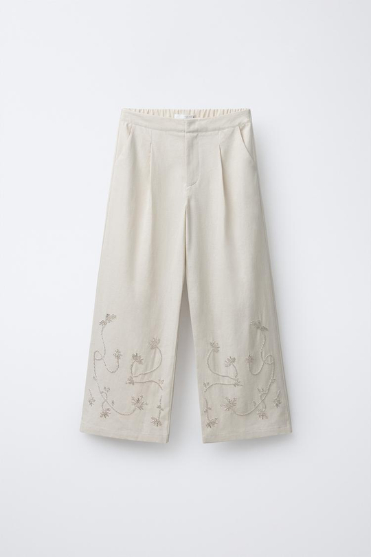 ZARA ШИРОКИЕ БРЮКИ С ВЫШИВКОЙ БИСЕРОМ, СВЕТЛО-БЕЖЕВЫЙ