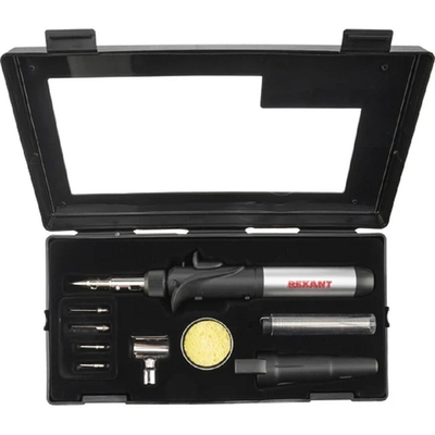 Rexant (12-0505) Паяльник-горелка с пьезоподжигом, газовый, 17мл, 6 насадок + припой + губка, коробка