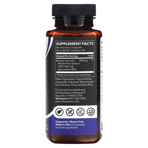 LifeSeasons, Экстракт бакопы, 60 растительных капсул (450 мг на капсулу)