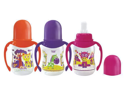 Бутылочка 120-125мл "Русские мативы" с силик. соской талия цветной рисунок, с ручками (Lubby)