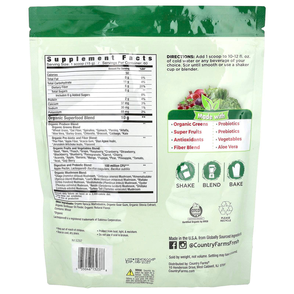 Country Farms, Super Greens, подщелачивающая формула, без добавок, 900 г (31,8 унции)
