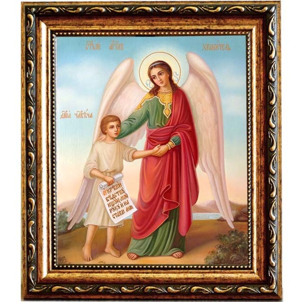 Ангел Хранитель с душой человека. Икона на холсте.