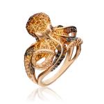 Кольцо «Осьминог» из красного золота с цитринами и кварцем дымчатым