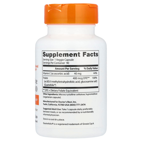 Doctor's Best, полностью активный фолат 400 с Quatrefolic, 400 мкг, 90 вегетарианских капсул