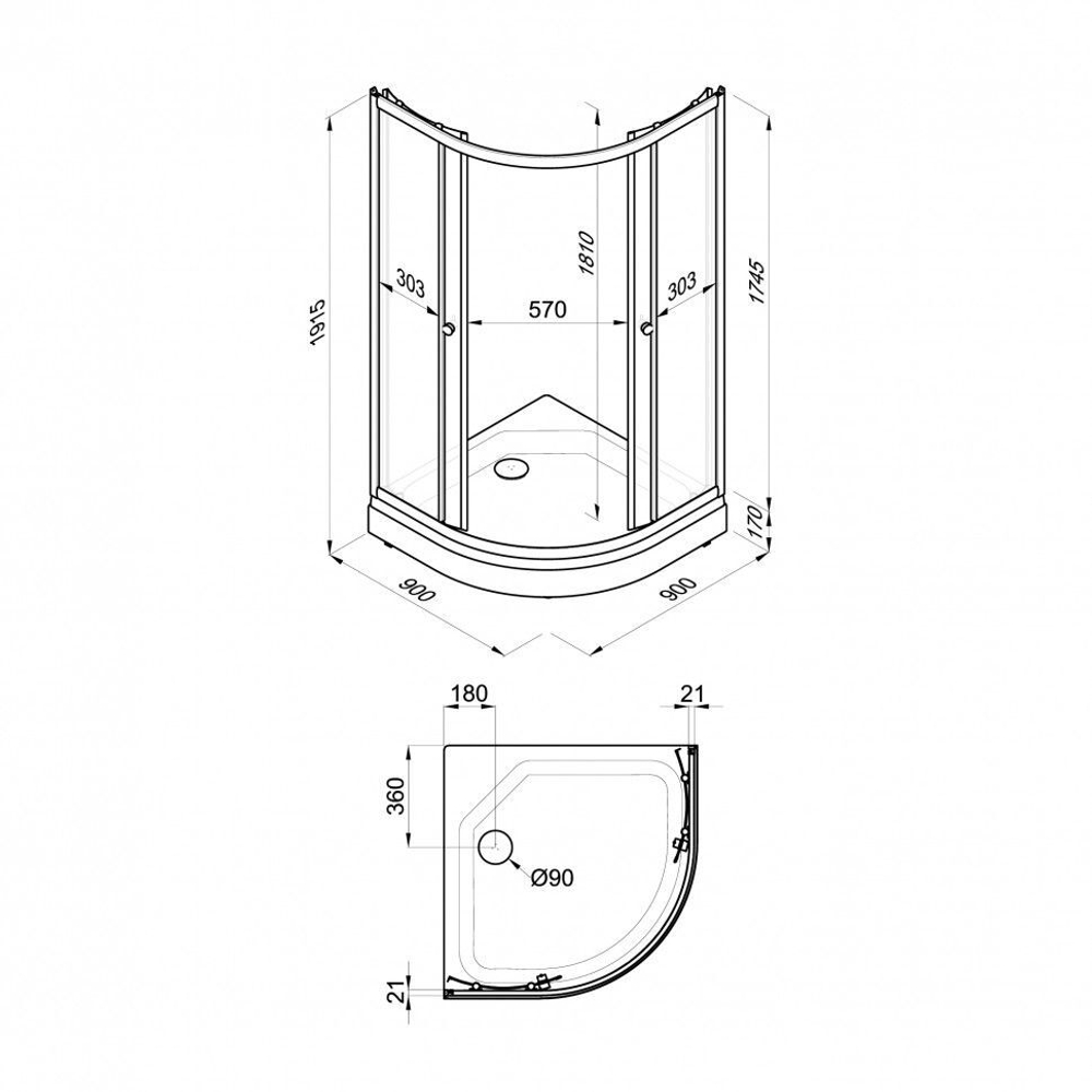 Душевое ограждение DIONRIA (90х90) стекло матовое вельвет, без поддона