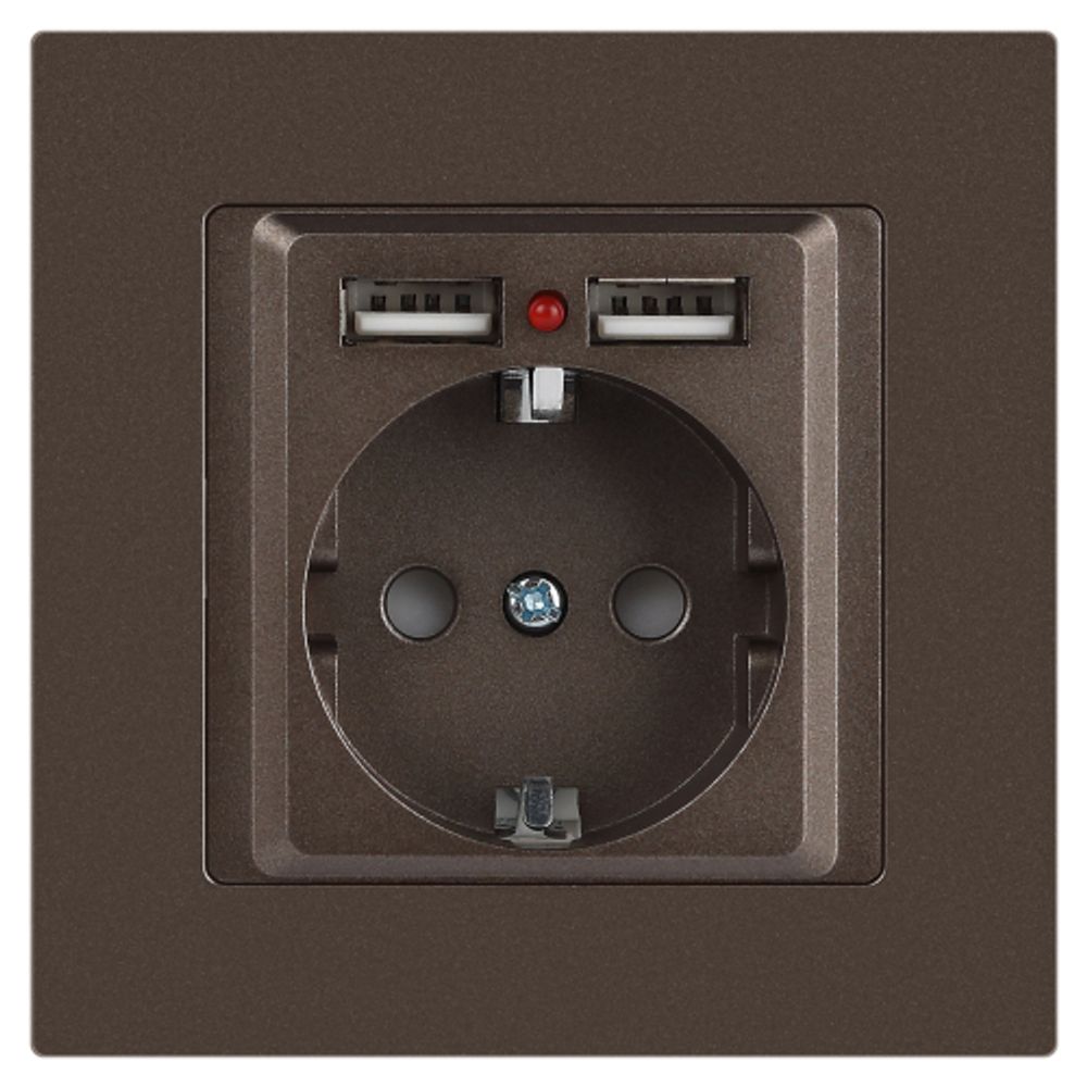 Розетка Intro Accent 6-410-08 с заземлением 2P+E Schuko со шторками 16А-250В + 2хUSB IP20 СУ бронза