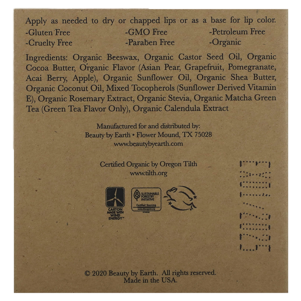 Beauty By Earth, органический бальзам для губ с пчелиным воском, экзотический мультивитаминный комплекс, 4 тюбика по 0,15 унции
