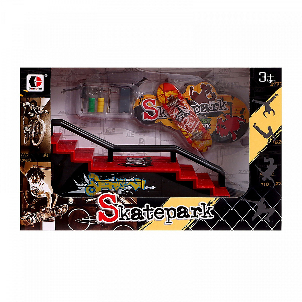 Скейтпарк: ступени с перилами и фингерборд