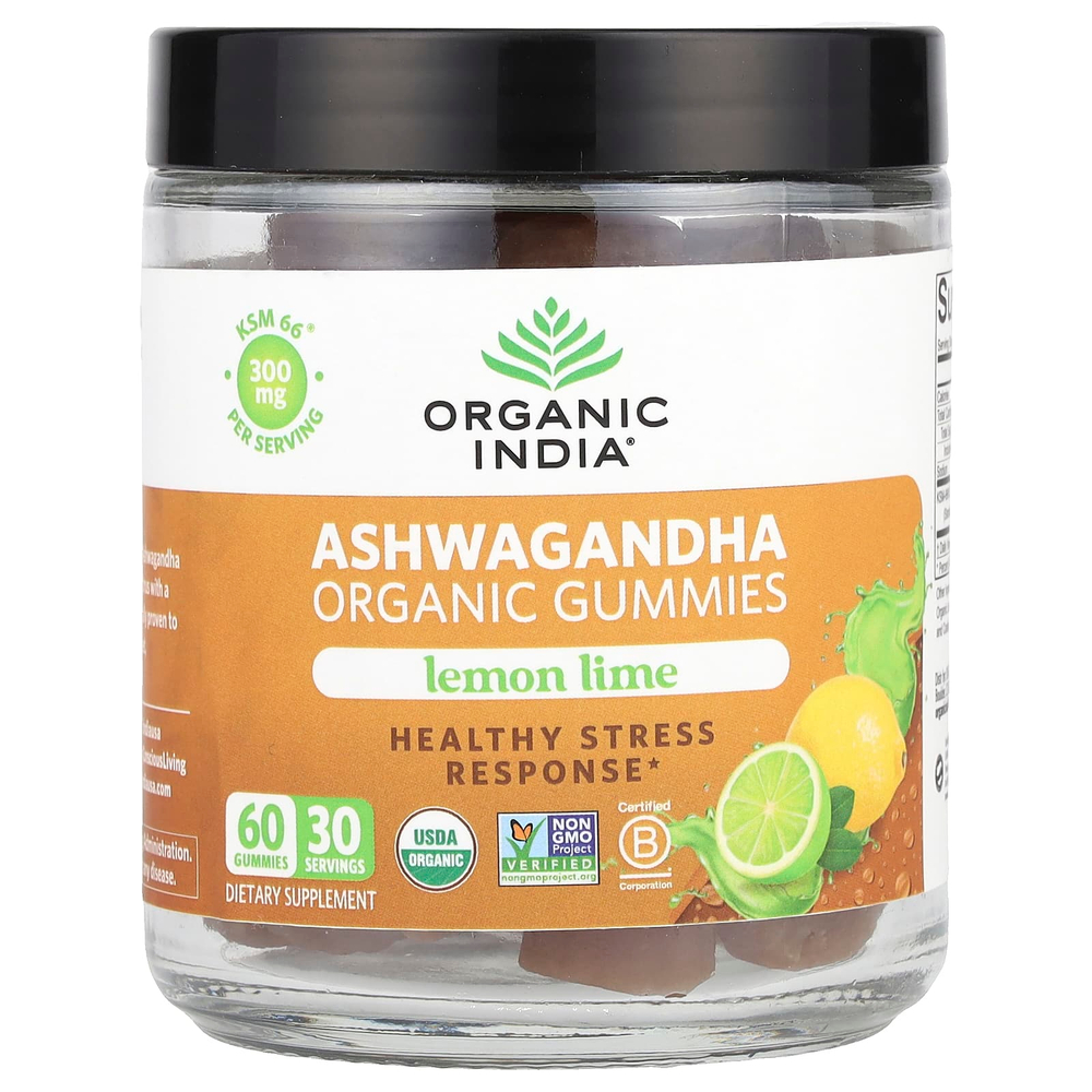 Organic India, Органические жевательные мармеладки ашваганда, лимон и лайм, 60 жевательных мармеладок (150 мг в каждой жевательной мармеладке)