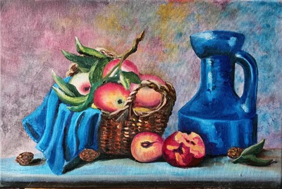 Картина "Нектарины и синий кувшин"