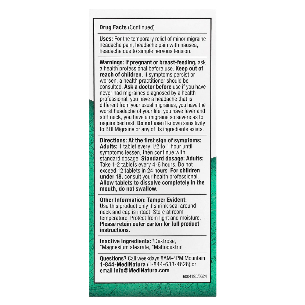 MediNatura, BHI, средство для облегчения головной боли при мигрени, 100 таблеток