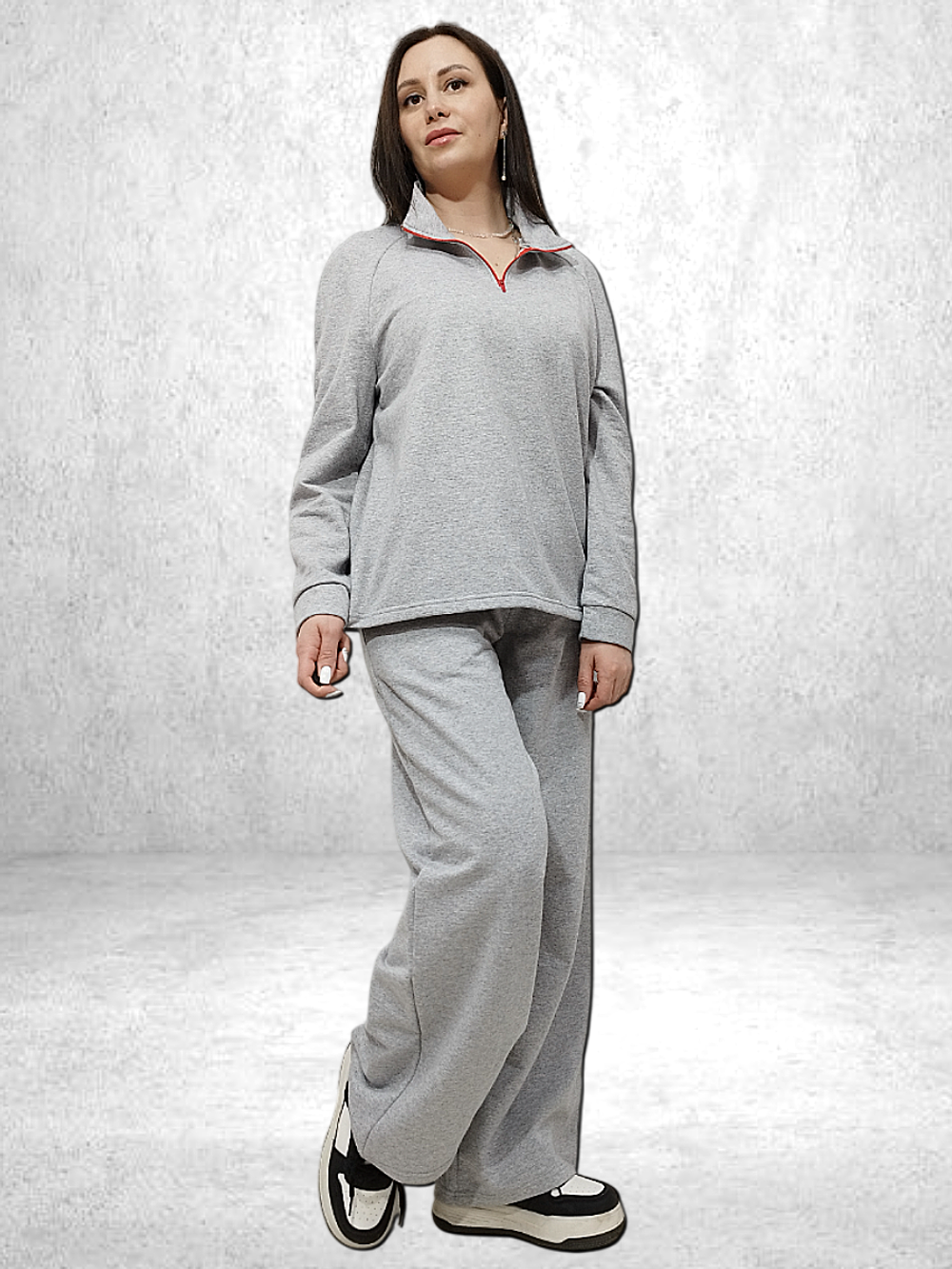 20831 Костюм женский ворот на кор. замке, брюки палацо, футер 2-х нитка начес серый меланж (52)
