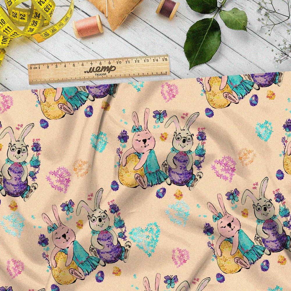 Ткань шелк Армани пасхальные кролики с сердечками