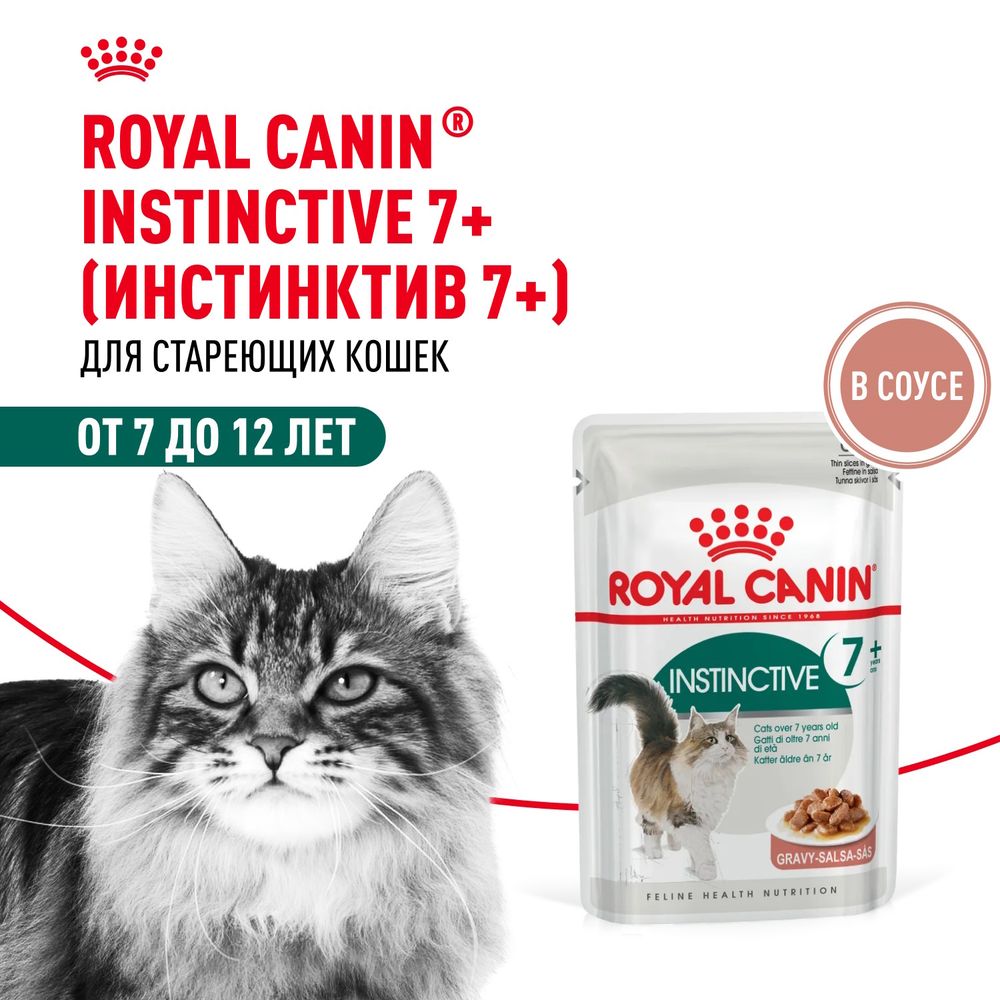Пауч Royal Canin Instinctive +7 для кошек в возрасте старше 7 лет, мелкие кусочки в соусе Пауч Royal Canin Instinctive +7 для кошек в возрасте старше 7 лет, мелкие кусочки в соусе