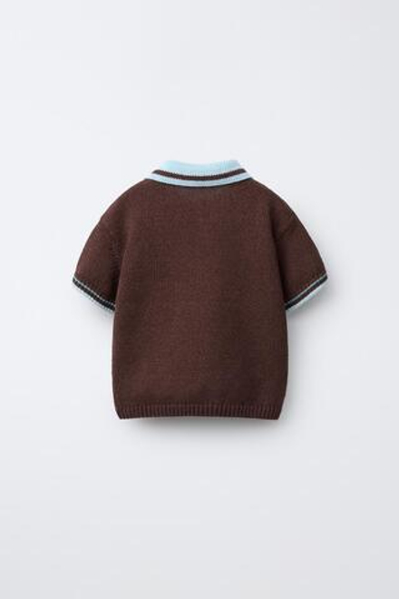 ZARA ТРИКОТАЖНОЕ ПОЛО С КОНТРАСТНЫМ ВОРОТНИКОМ, КОРИЧНЕВО-СИНИЙ