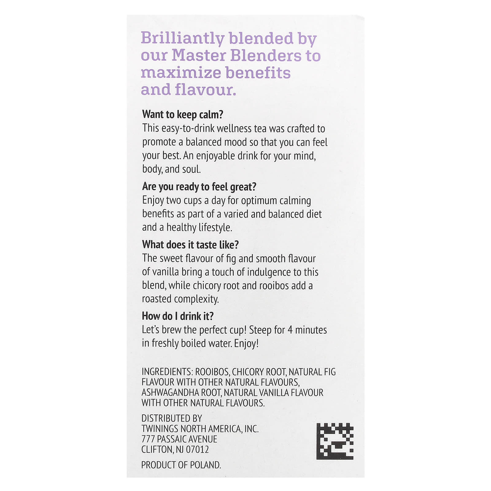 Twinings, Superblends ™, травяной чай с адаптогенами, инжир и ваниль, без кофеина, 18 чайных пакетиков, 36 г (1,27 унции)