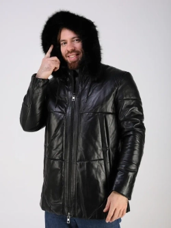 Куртка зимняя кожаная с капюшоном пуховик