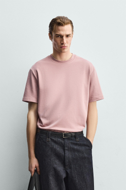 ZARA ФУТБОЛКА RELAXED FIT INTERLOCK, ПУДРОВО-РОЗОВЫЙ