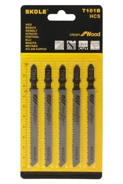 Пилка для лобзика 5шт по дереву T101B 100*75мм чистый ровный распил Skole