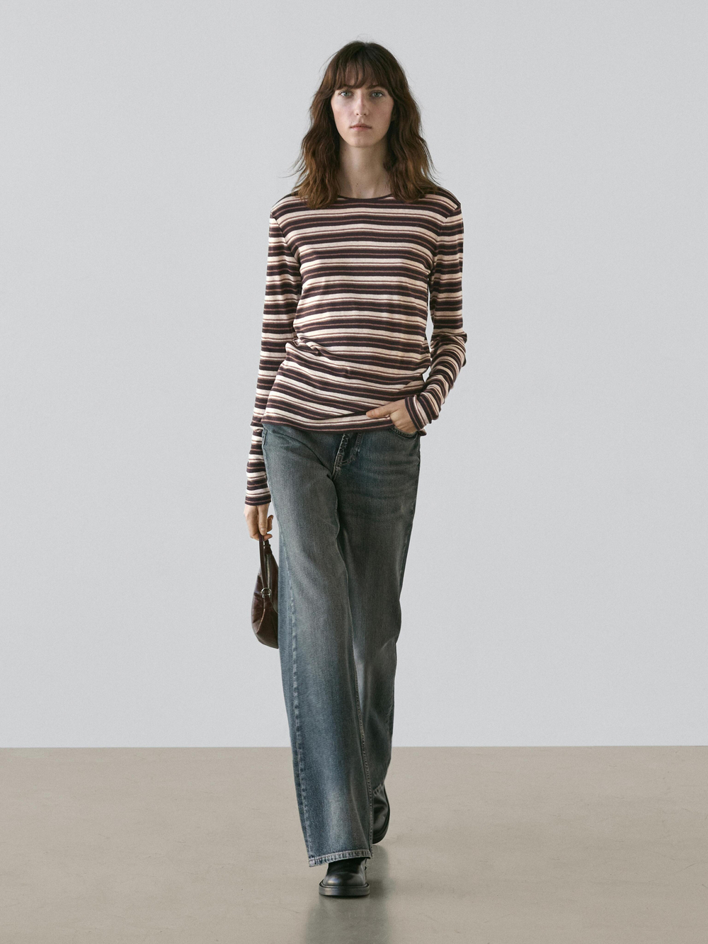 Massimo Dutti Футболка из смесового хлопка в полоску с длинными рукавами, коричневый