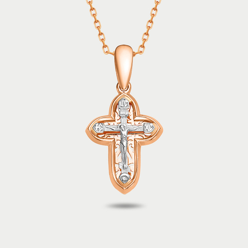 Крест женский православный из комбинированного золота 585 пробы без вставок (арт. 080605)