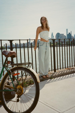 ZARA ВЫШИТЫЙ ТОП БЕЗ БРЕТЕЛЕК, ЖЕЛТОВАТО-БЕЛЫЙ