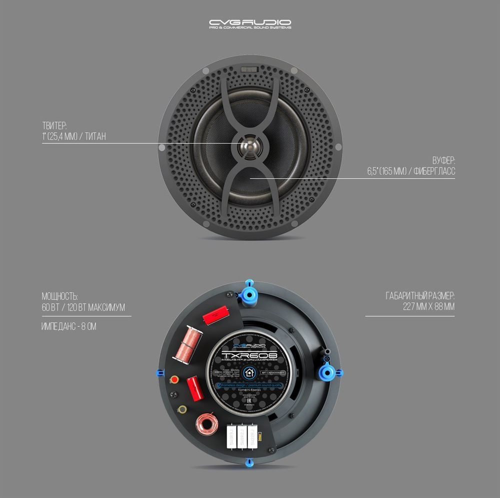 CVGAUDIO TXR608 Двухполосные встраиваемые 6,5” акустические системы Hi-Fi класса, 60W(RMS) / 8ohm, frameless дизайн, белый