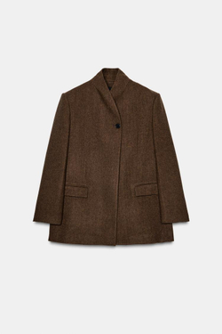 ZARA БЛЕЙЗЕР ИЗ СМЕСОВОЙ ШЕРСТИ С УЗОРОМ В ЕЛОЧКУ — ZW COLLECTION, КОРИЧНЕВЫЙ