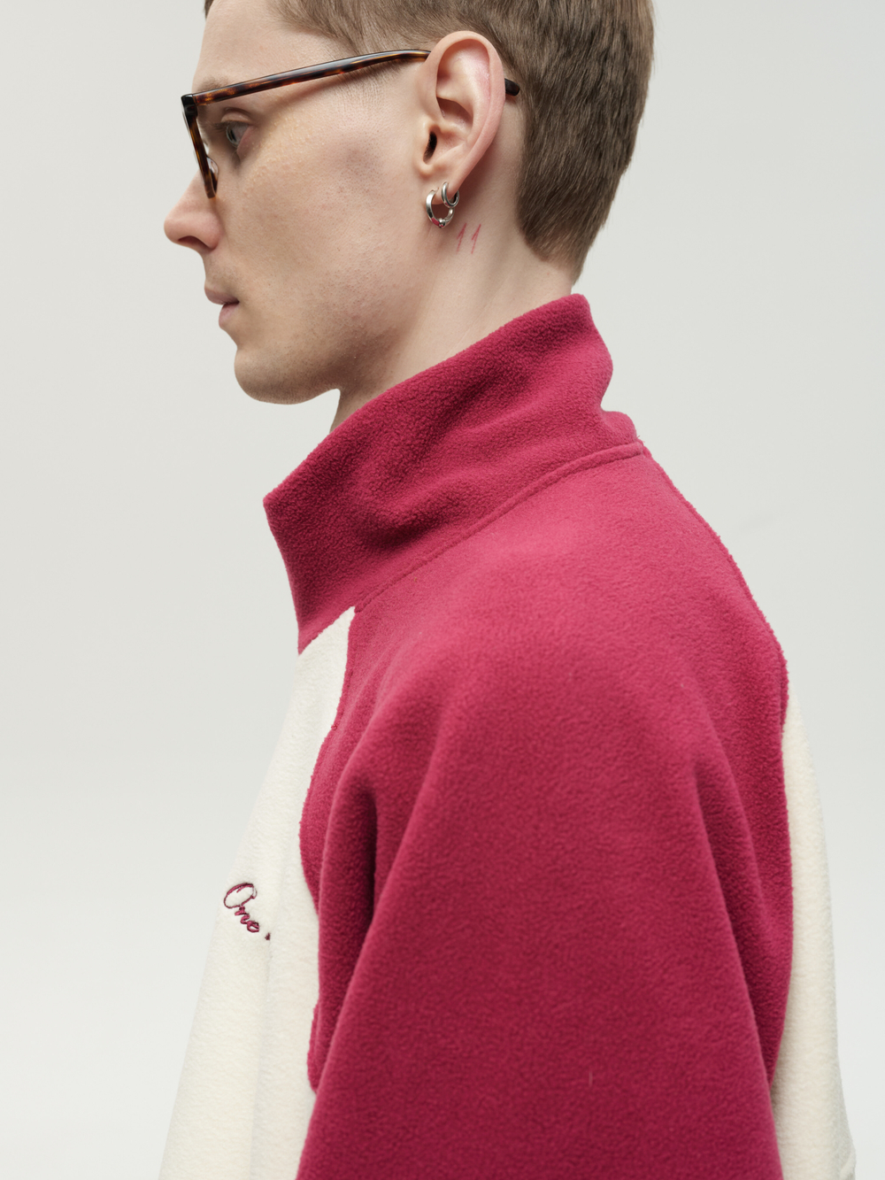 Drawstring Half-Zipped Sweatshirt Raspberry - Cream