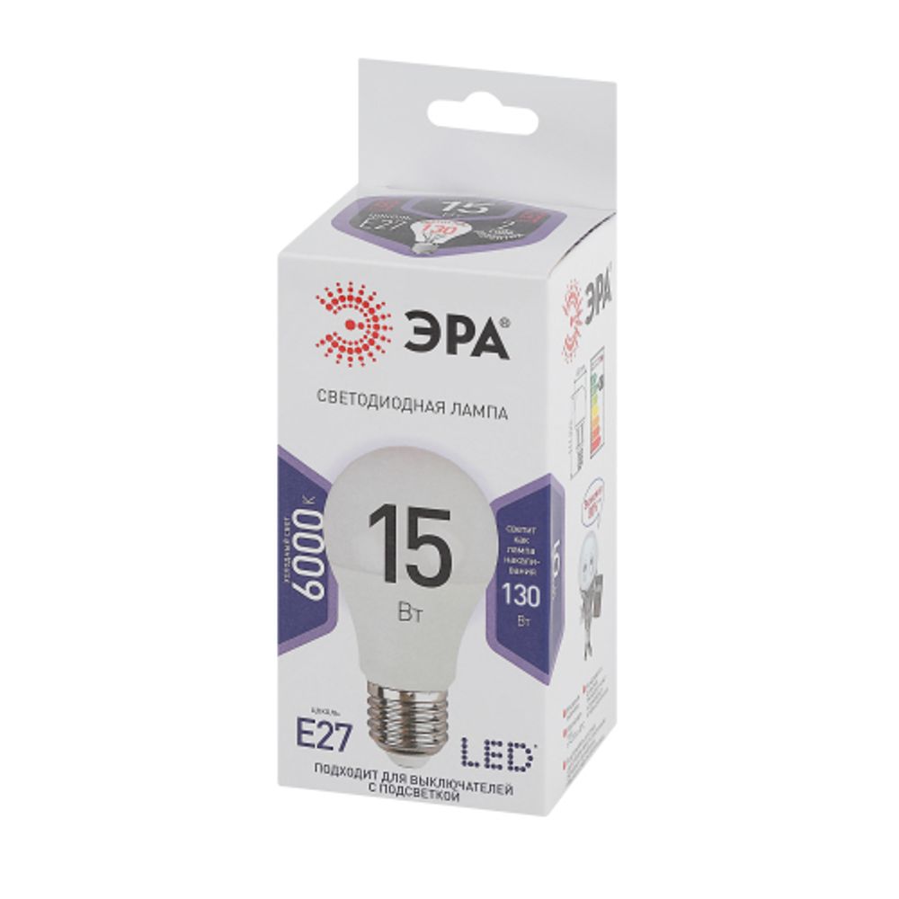 Лампа светодиодная ЭРА STD LED A60-15W-860-E27 15Вт груша холодный дневной свет Е27 | Лампы cветодиодные Груша (A)