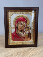 Казанская БМ, икона прямоугольная в рамке под стеклом, красное дерево, эмаль 232х280