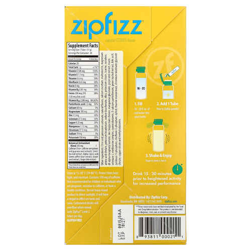 Zipfizz, смесь для приготовления напитка, цитрус, 20 тюбиков по 11 г (0,39 унции)
