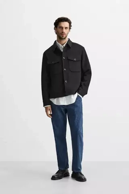 ZARA КУРТКА-РУБАШКА ИЗ СМЕСОВОЙ ШЕРСТИ, ЧЕРНЫЙ