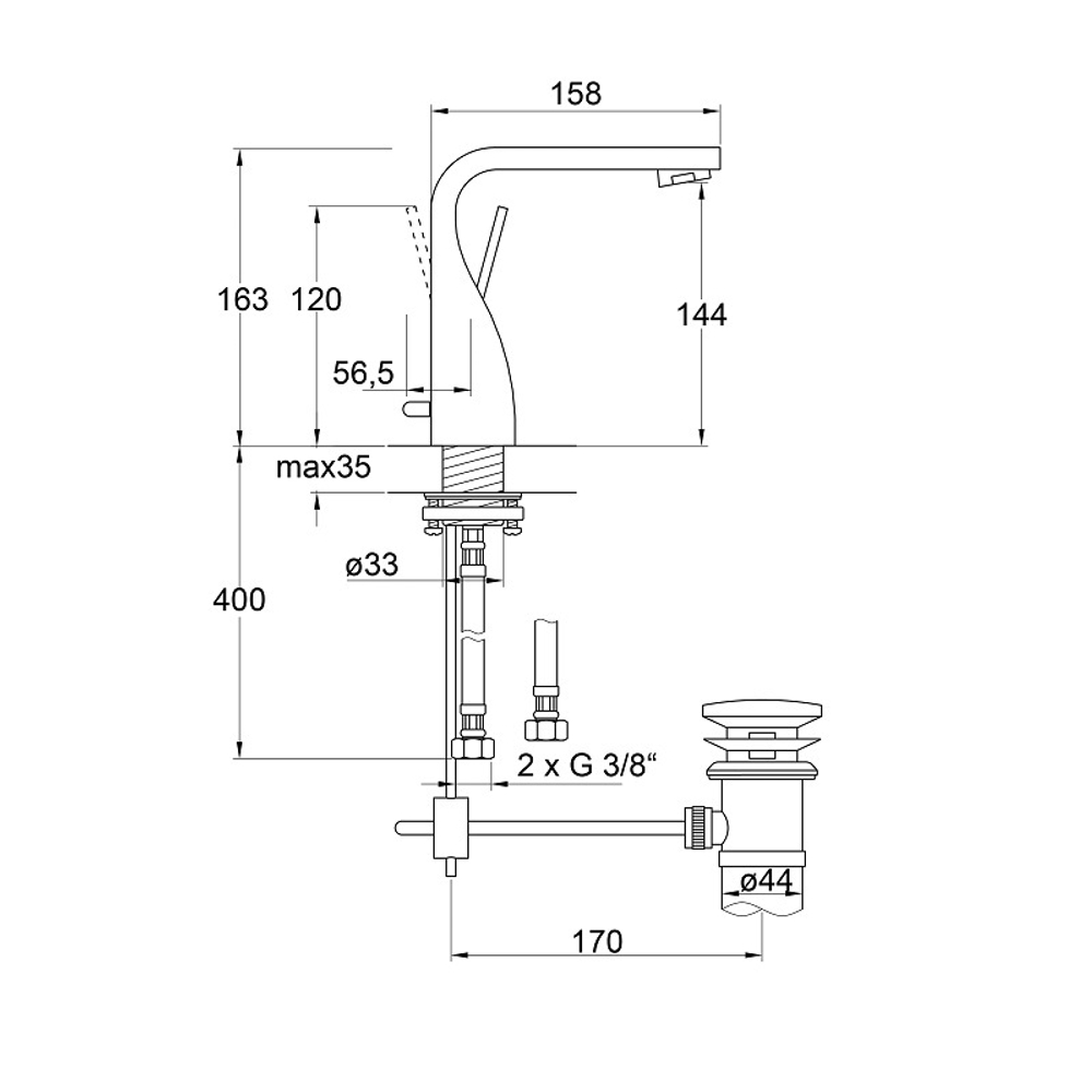 Смеситель для раковины Steinberg Серия 230 с керамическим картриджем, со сливным гарнитуром 1 1/4“, с гибкими шлангами 3 / 8“, хром 230 1000