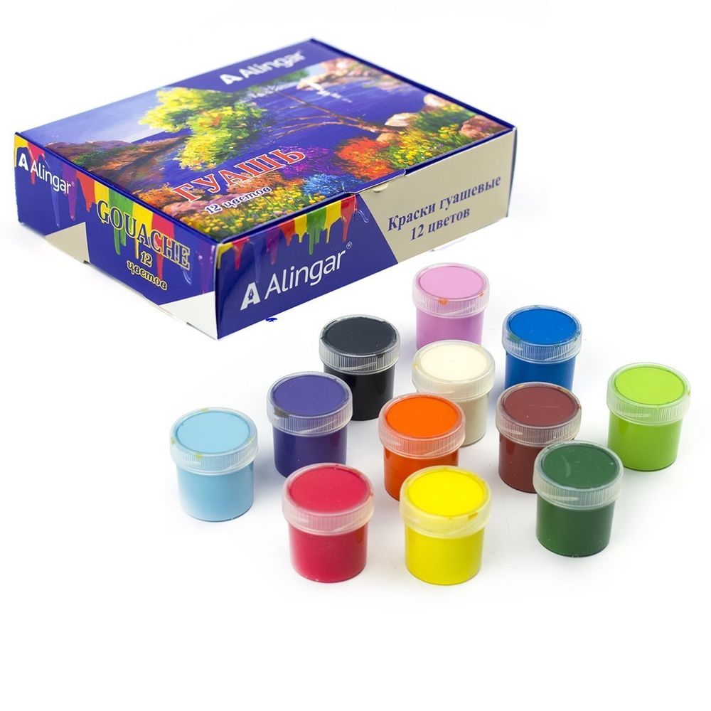 Гуашь Alingar карамельная, 12 цветов, 20 мл., картонная упаковка, &quot;Пейзаж&quot;