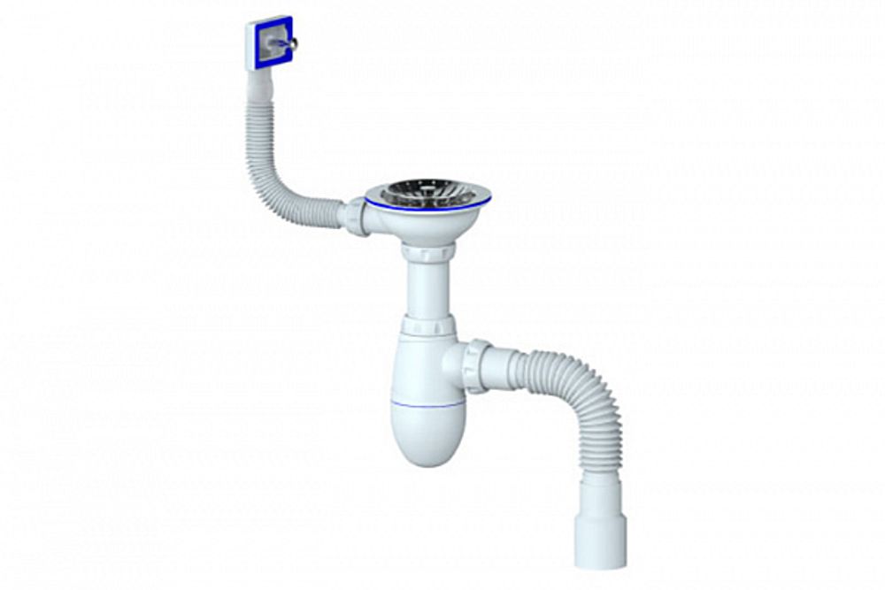 Сифон UNICORN для мойки, выпуск 1 1/2 (Ø40), прямоуг. перелив, чашка нерж. Ø115,ручка-пластик B425P