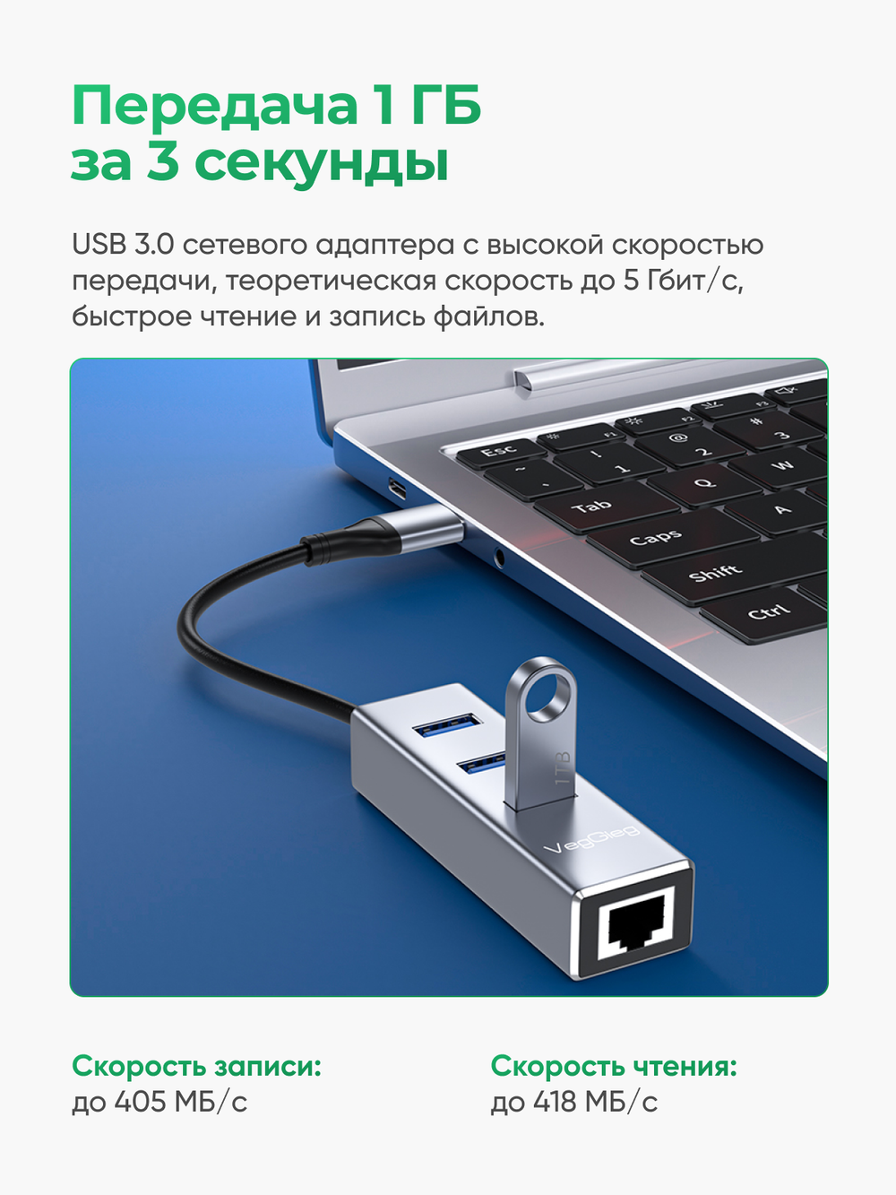 LAN-адаптер USB/Type-C 3.0 VegGieg с хабом 3×USB 3.0 | RJ45 1 Гбит/с | RTL-8153+GL3510 | Без драйверов