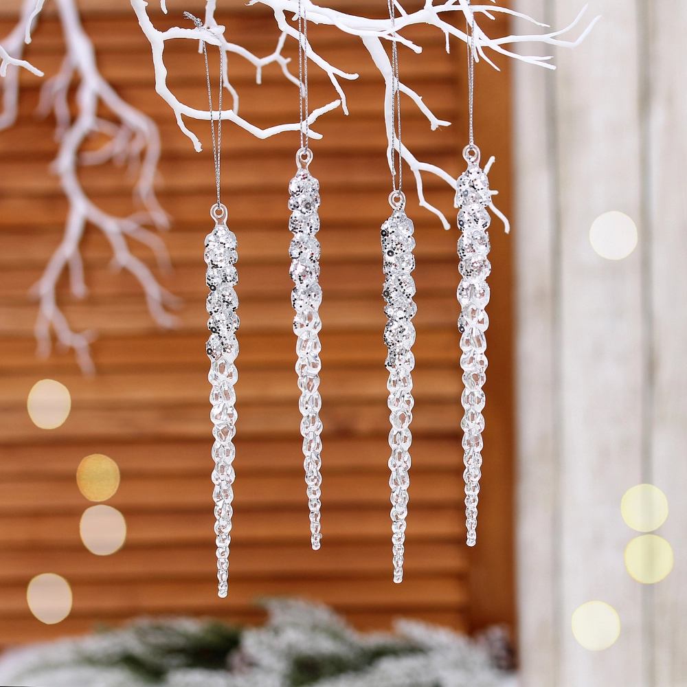 Подвеска «Хрустальная сосулька» 18 см (набор 4 шт), Серебро