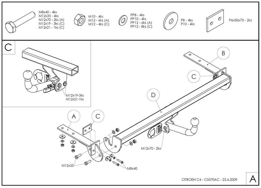 Фаркоп оцинкованный Galia C057A для Citroen C4 седан 2008-2013(паспорт и сертификат в комплекте)(без электрики)