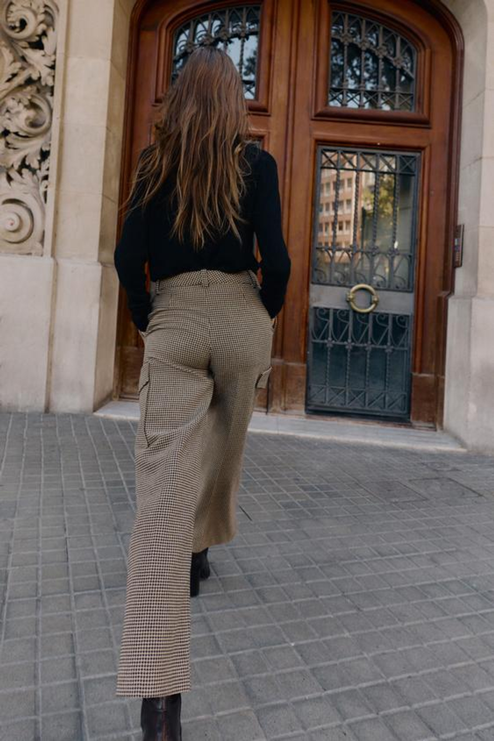 ZARA БРЮКИ КАРГО «ГУСИНАЯ ЛАПКА», ЧЕРНЫЙ/КОРИЧНЕВЫЙ