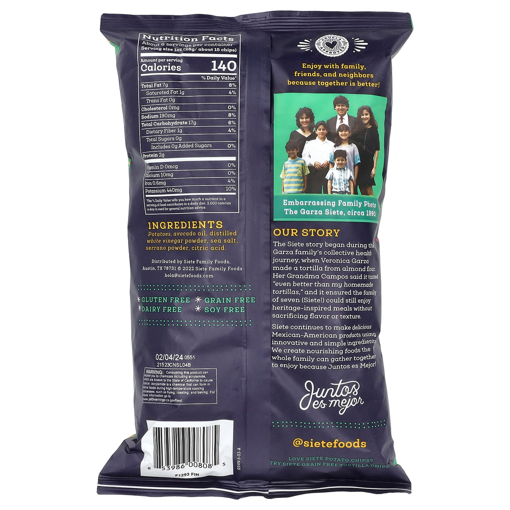 Siete, картофельные чипсы, морская соль серрано и уксус, 156 г (5,5 унции)